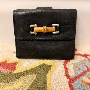 GUCCI Vintage Unisex Black Textured Leather Suede Bamboo Bi-Fold Wallet
